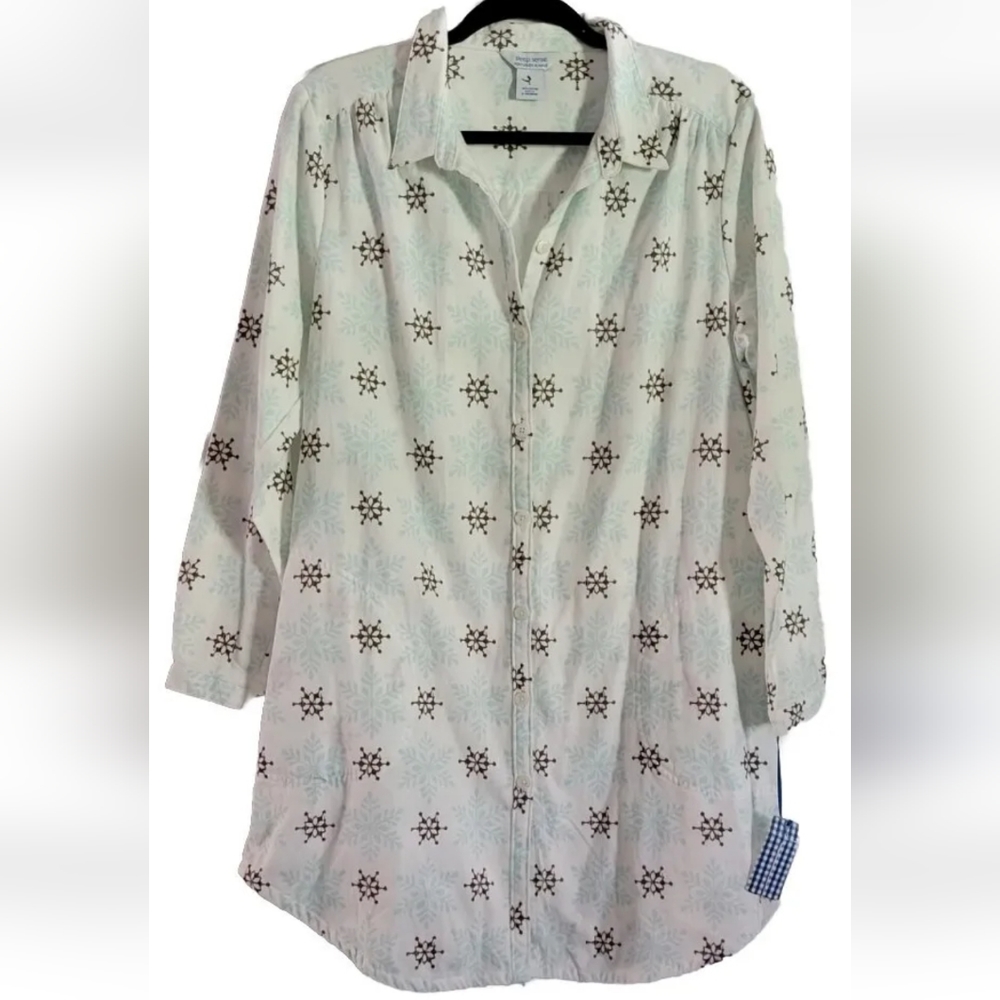 NEW Sleep Sense Snowflake Portuguese Flannel Button-Down Night Shirt, Large - Picture 2 of 10